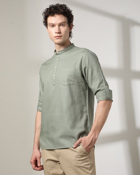 Men Slim Fit Shirt with Band Collar