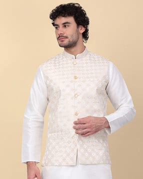 Men Embroidered Fitted Nehru jacket with Welt Pockets-image-39