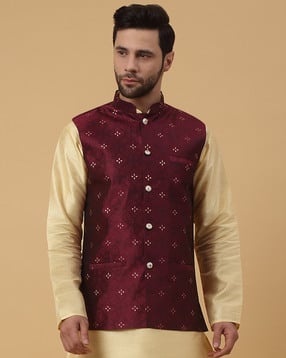 kraft india Men Floral Woven Fitted Nehru jacket with Welt Pockets-picture-11