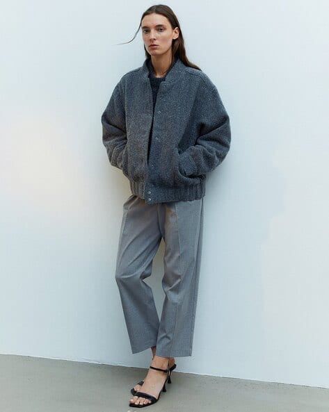 Women Full Sleeves Wool-Blend Bomber Jacket