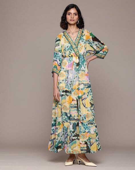 slim fit dress slacks Ritu Kumar Green Floral Dress With Jacket  Saris and Things