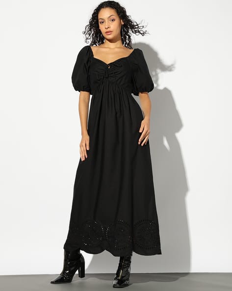 blue dress for baby girl Stine Goya Puff Sleeve Long Dress Dotted Black