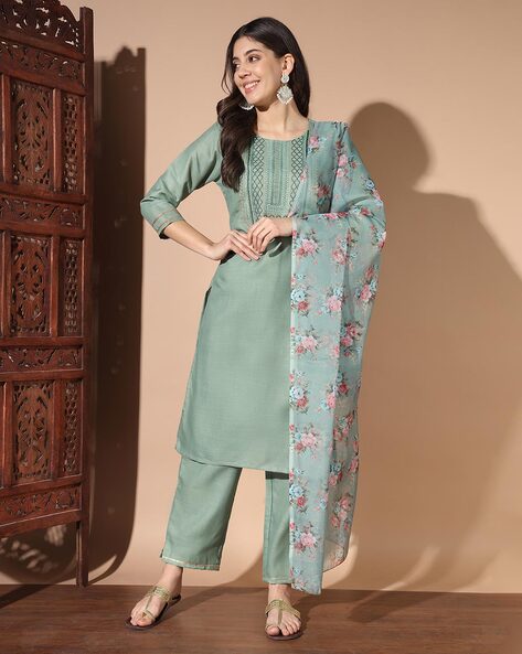 Women Embroidered Straight Kurta Set Price in India