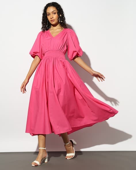 Puff Sleeves Fit Flare Midi Dress