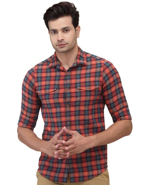 Colorplus Men Checks Slim Fit Shirt with Flip Pockets