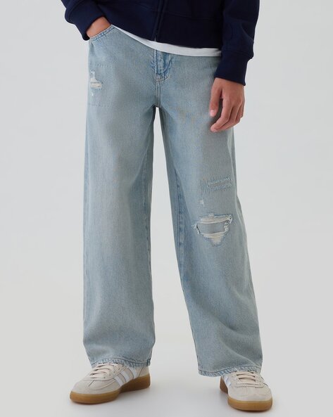 Boys Lightly Washed Distressed Baggy Fit Jeans