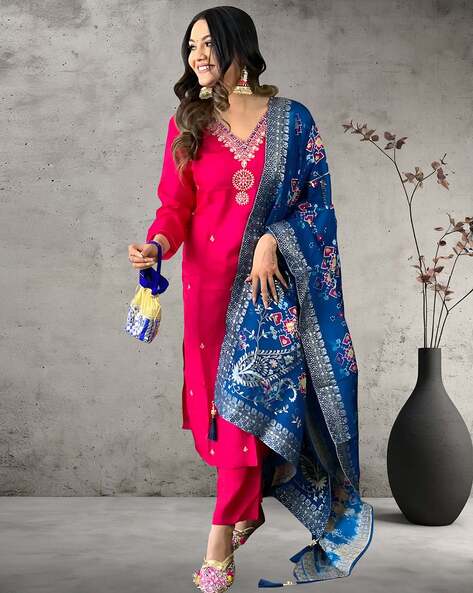 Women Embroidered Straight Kurta Set Price in India