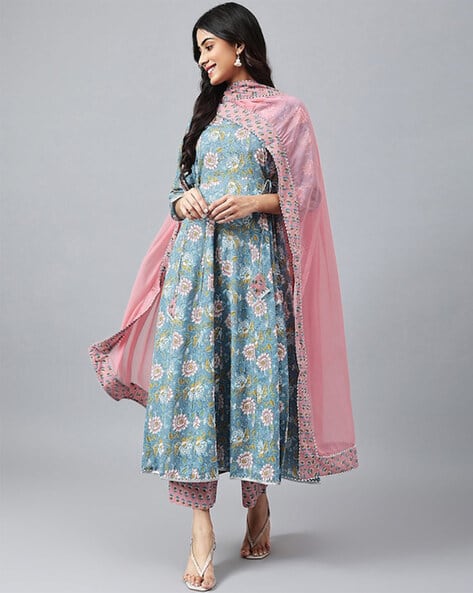 Floral Print Anarkali Kurta with Palazzos & Dupatta