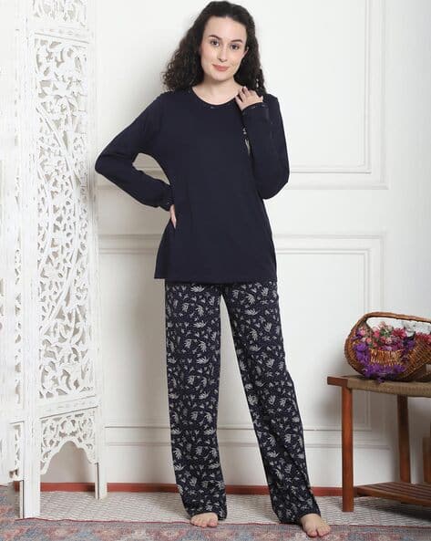 Women Leaf Top Pants Nightwear Set