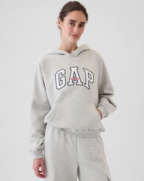 Women Brand Print Slim Fit Hoodie with Kangaroo Pocket