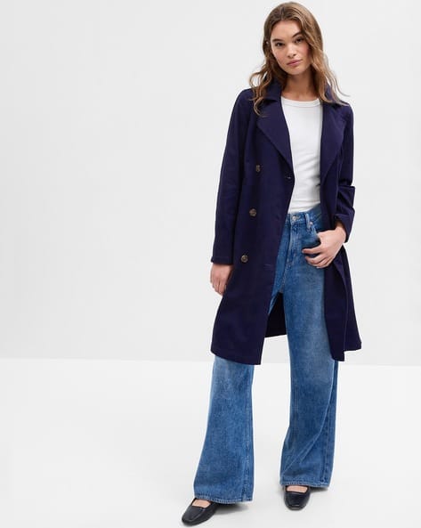 Dark Blue Navy Trench Womens Buy Trench Coat With Pleated Inset