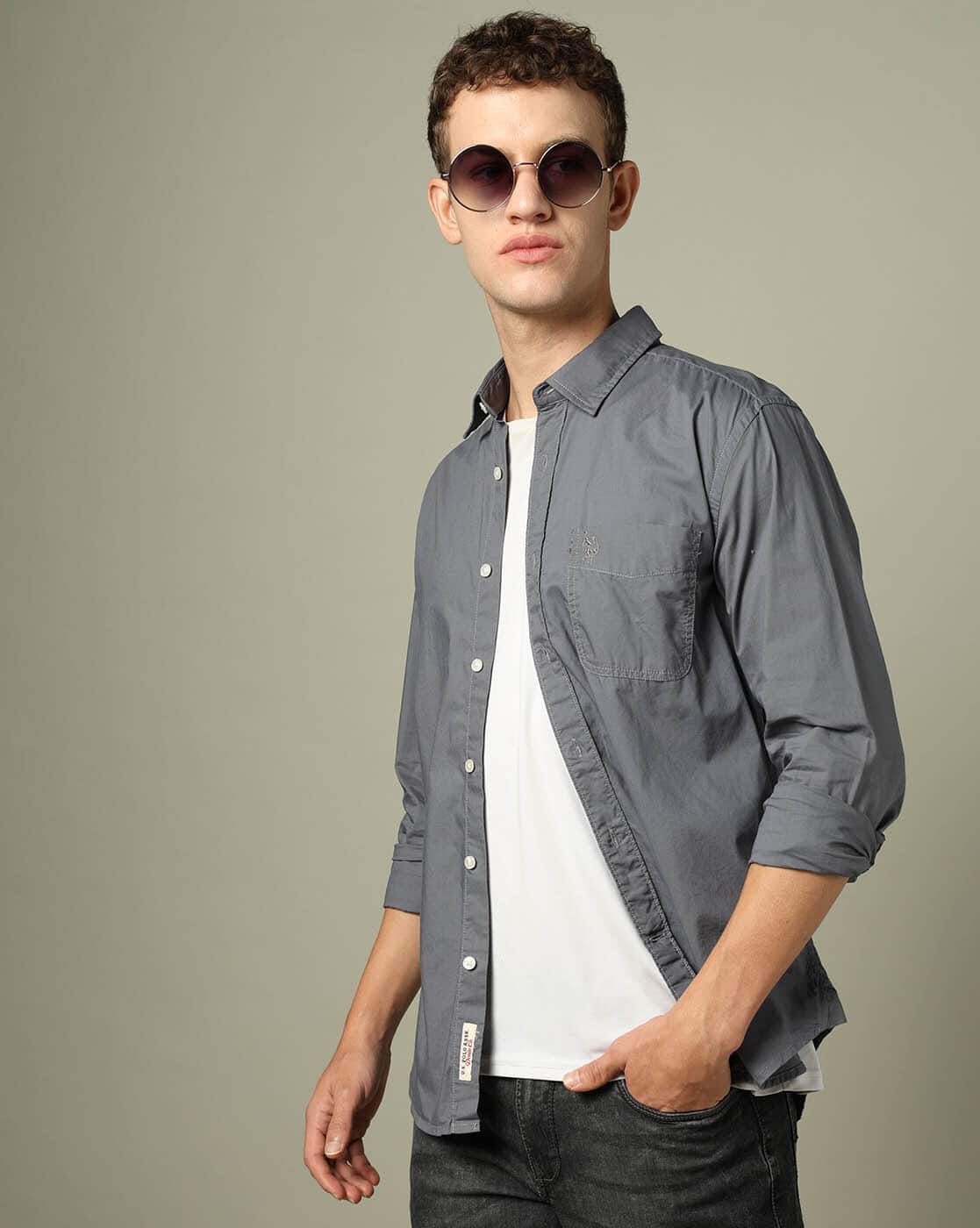 U.S. Polo Assn. Men Slim Fit Shirt with Patch Pocket For Men (Grey, XL)