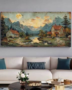Charming Cottage Landscape Canvas Framed Wall Art Painting