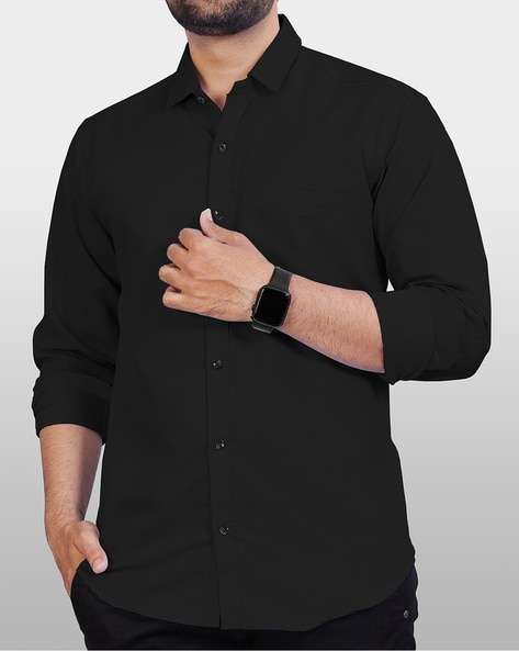 Men Regular Fit Shirt with Spread Collar