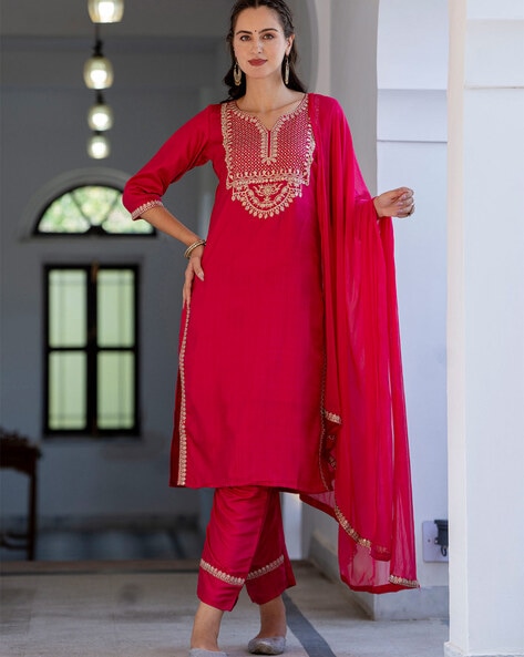 Embroidered Straight Kurta Set Price in India