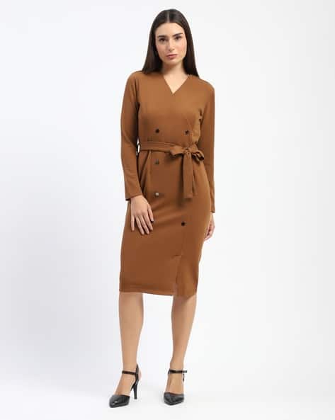 MADAME Women V-Neck A-Line Dress with Waist Tie-Up
