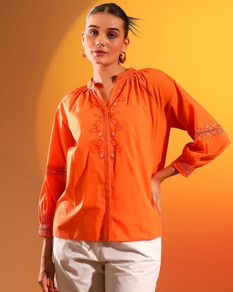 Orange Women's Button Up Rodeo Shirts Buy Online Women Solid