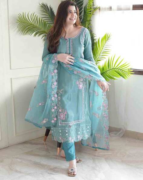 Women Embroidered A-Line Kurta Set Price in India