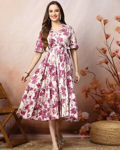 Women Floral Print A line Dress with Short Sleeves