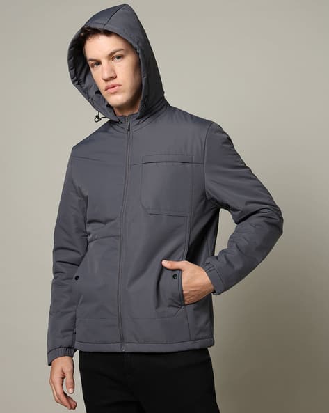 Men Slim Fit Zip-Front Hooded Jacket