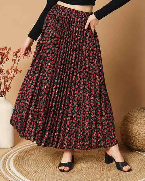 Women's Vintage Pleated Floral Print Midi Skirt - A-Line With Pockets, Black-White-Dot