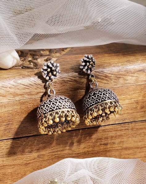 Rubans Women Gold-Plated Stone-Studded Pearl-Beaded Jhumkas