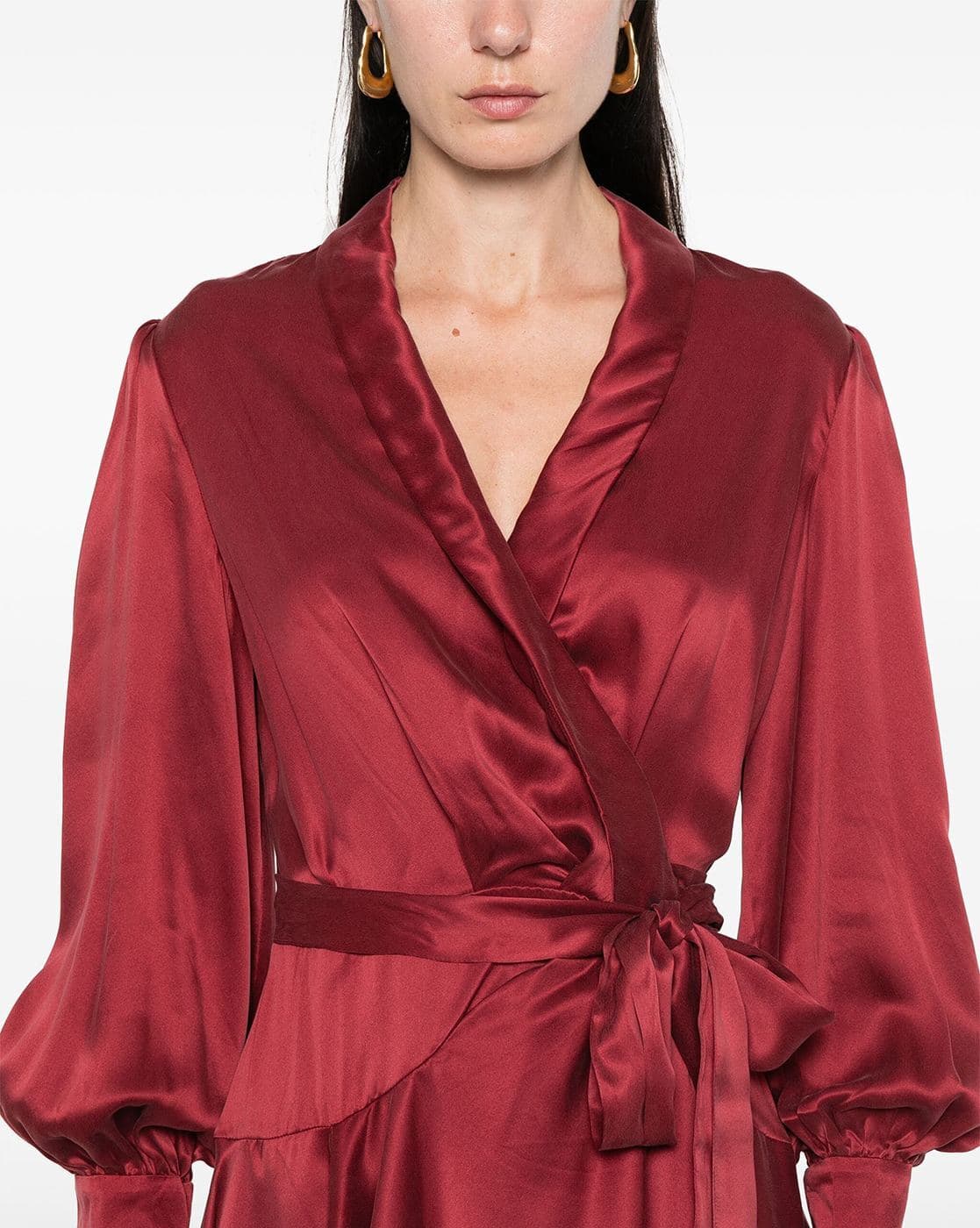 red satin wrap mini dress Red Silk Wrap Mini Dress with Bracelet Sleeves