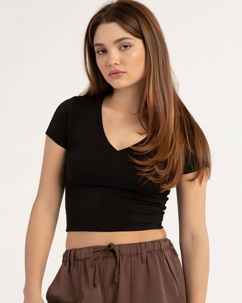 Women V-Neck Slim Fit Crop Top