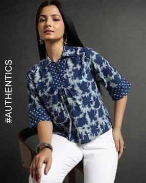 indie picks Indigo Dyed & Double Dabu Print Collar-Neck Short Top-picture-31
