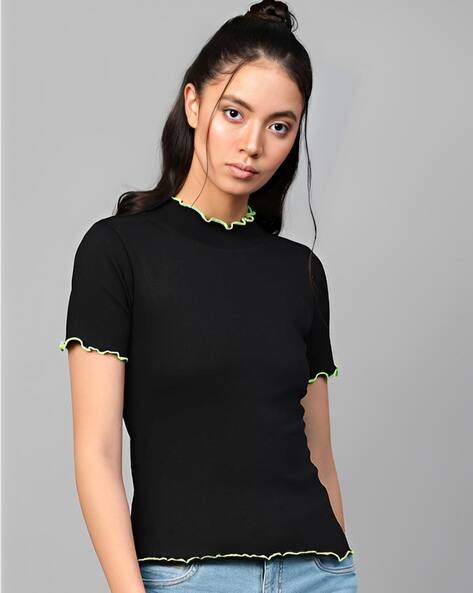 SOLLOBELL Women Ribbed Slim Fit Top with Lettuce Hem
