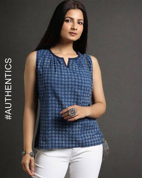 Indie Picks Indigo Dyed & Double Dabu Print Sleeveless Short Top