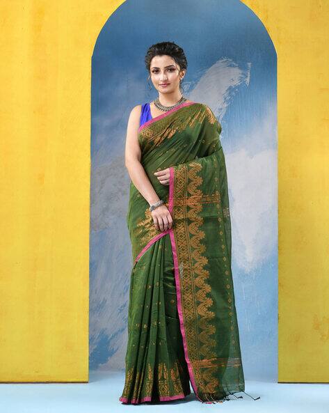 Indie Picks Sorno Mukut Copper Work Handloom Cotton Silk Saree with Blouse Piece