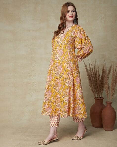 Yellow & Beige Paisley Printed A-line Kurta