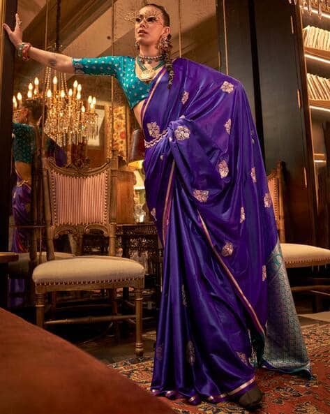Ri-wah Women Floral Woven Banarasi Saree with Contrast Border