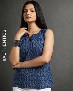 Indigo Dyed & Double Dabu Print Sleeveless Short Top-image-31