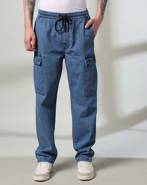 Men Mid-Wash Relaxed Fit Cargo Jeans