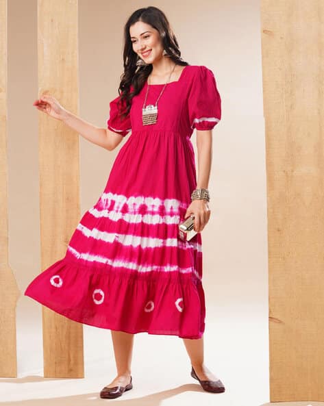 Women Square Neck Puff Sleeves Tie-Dye Print Tiered Fit Flare Midi Casual  Dress