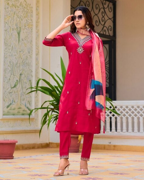 Women Embroidered Straight Kurta Set Price in India