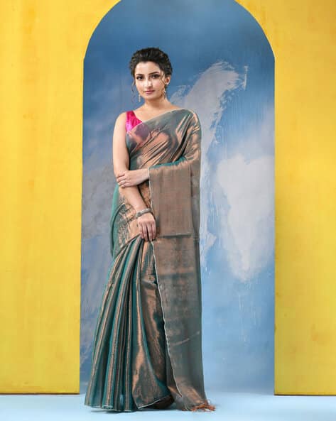 Indie Picks Mayur Konthi Pure Handloom Bengal Cotton Silk Tissue Saree