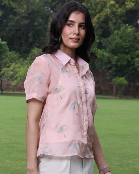 Sands of India Women Embroidered Shirt with Short Sleeves