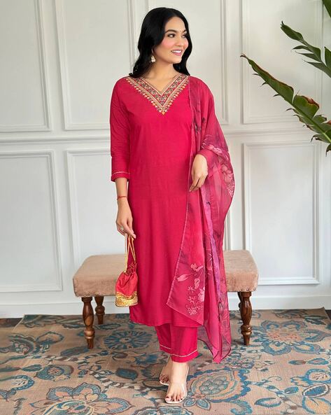 Women Embroidered Straight Kurta Set Price in India