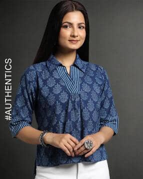 indie picks Indigo Dyed & Double Dabu Print Collar-Neck Short Top-picture-13