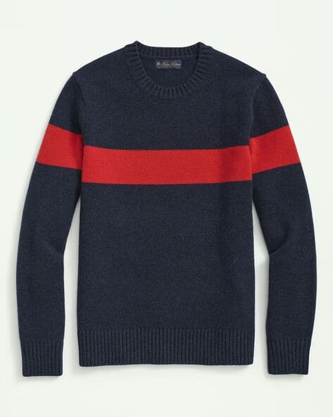 Men Chest Striped Lambswool Crew-Neck Pullover
