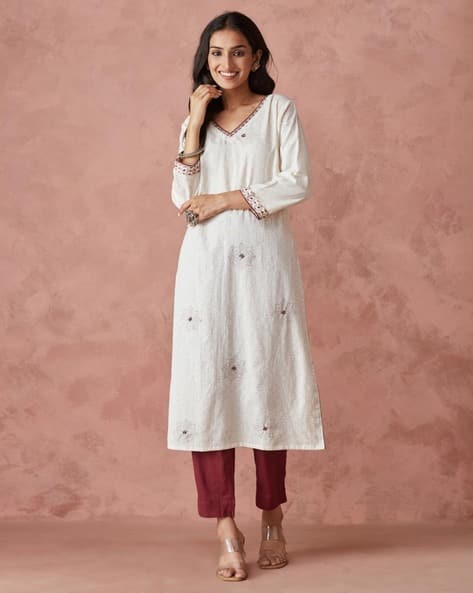 Buy White-Maroon Kurta Suit Sets for Women by Fabindia Online