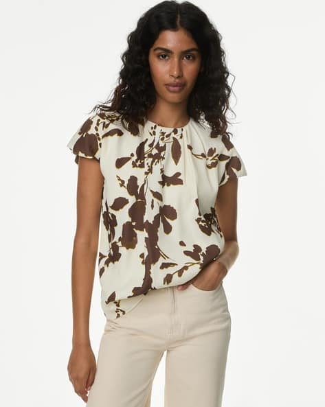 Satin Floral Pleat Detail Cap Sleeve Blouse