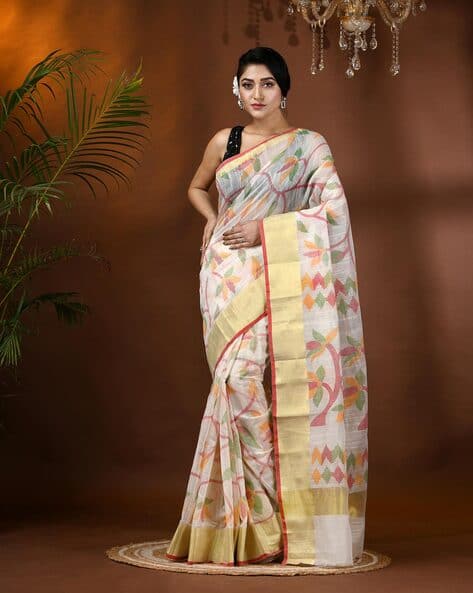 Indie Picks Tant Floral Leaf Design Bengal Handloom Cotton Saree