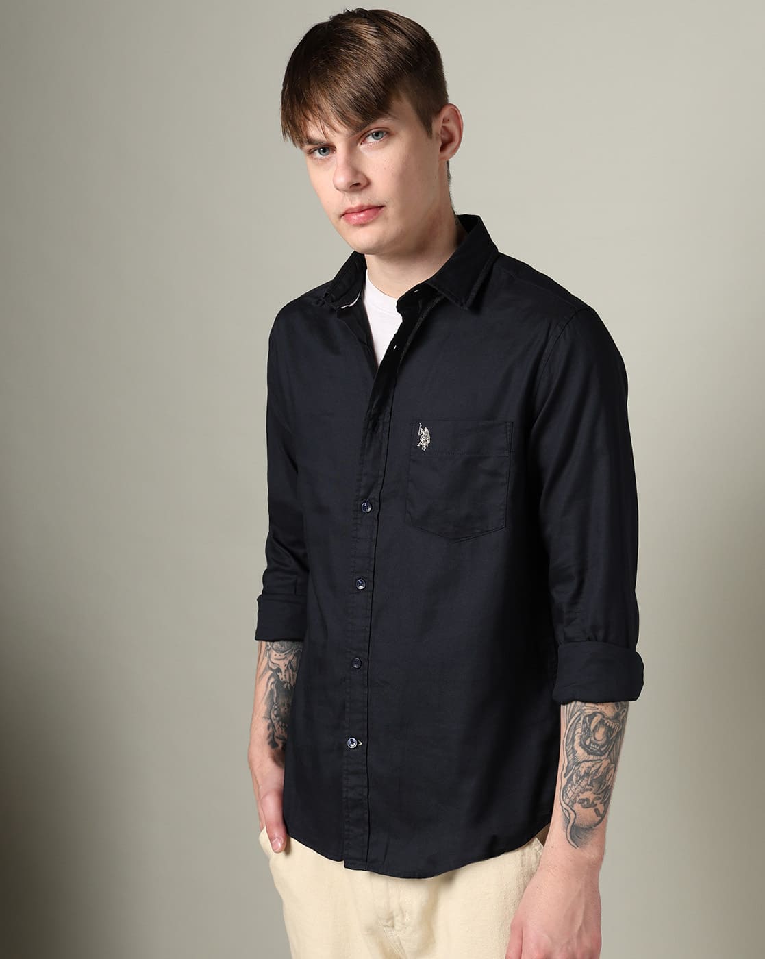 U.S. Polo Assn. Men Tailored Fit Shirt with Patch Pocket For Men (Navy, M)