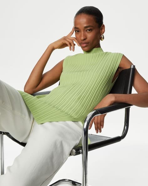Marks & Spencer Women Ribbed Funnel-Neck Pullover