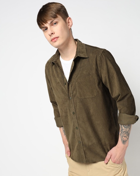 Men Ribbed Regular Fit Corduroy Shirt with Patch Pocket