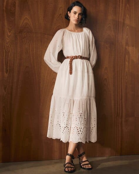 marks and spencer white cotton dress Pure Cotton V-Neck Crochet Detail Midaxi Waisted Dress